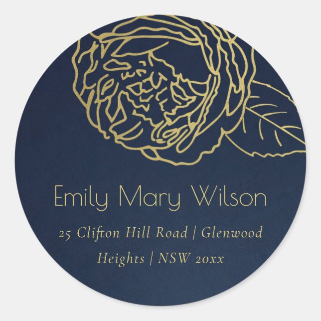 LUXE NAVY GOLD ELEGANT ROSE FLORAL ADDRESS CLASSIC ROUND STICKER (Front)