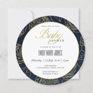 LUXE NAVY GOLD ELEGANT ROSE FLORAL BABY SHOWER INVITATION