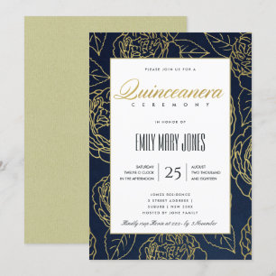 LUXE NAVY GOLD ELEGANT ROSE FLORAL QUINCEANERA INVITATION