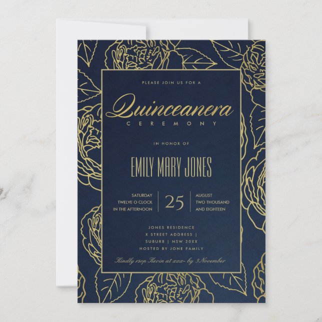 LUXE NAVY GOLD ELEGANT ROSE FLORAL QUINCEANERA INVITATION (Front)