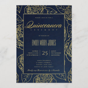 LUXE NAVY GOLD ELEGANT ROSE FLORAL QUINCEANERA INVITATION