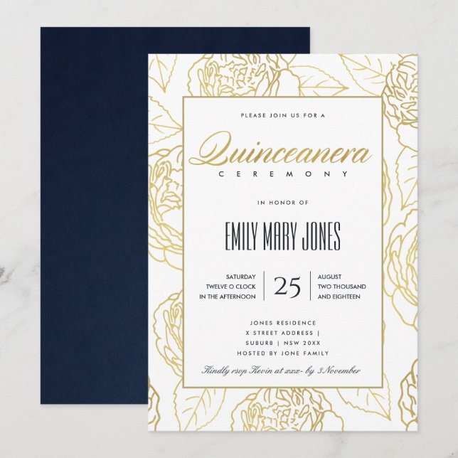 LUXE NAVY GOLD ELEGANT ROSE FLORAL QUINCEANERA INVITATION (Front/Back)