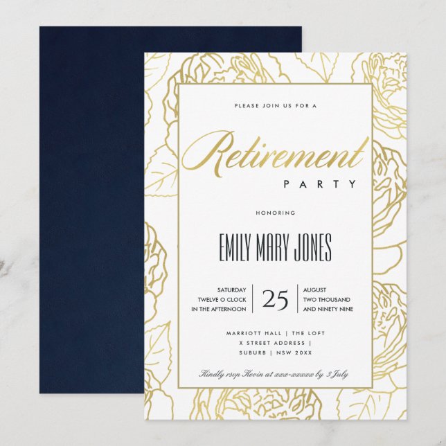LUXE NAVY GOLD ELEGANT ROSE FLORAL RETIREMENT INVITATION (Front/Back)