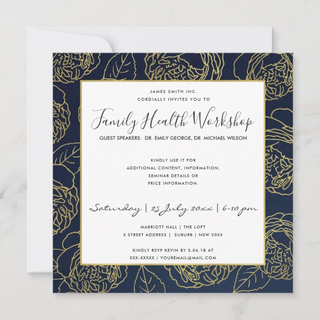 LUXE NAVY GOLD ELEGANT ROSE FLORAL WORKSHOP EVENT INVITATION (Front)