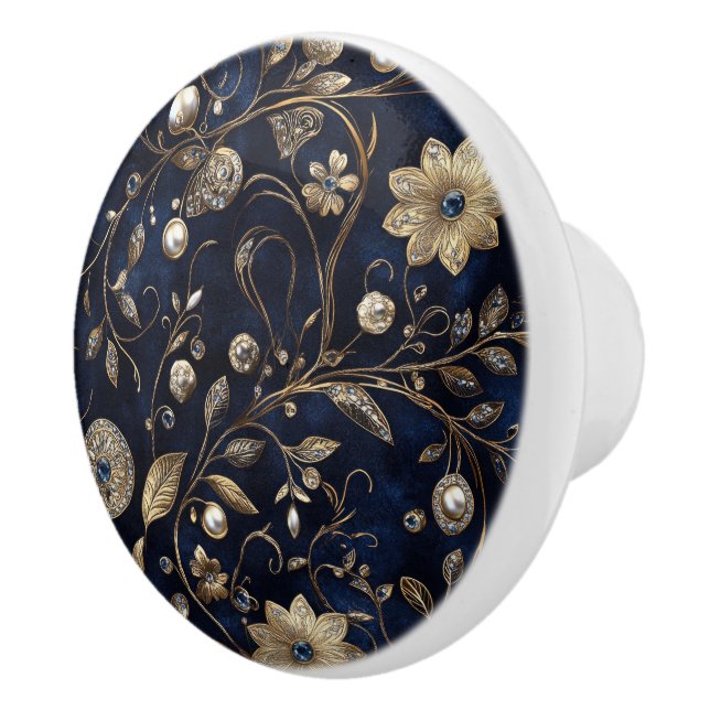 Luxe Navy Gold Floral Ceramic Knob (Right)