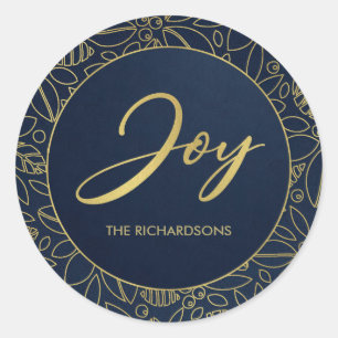 LUXE NAVY GOLD HOLLY BERRIES CHRISTMAS JOY CLASSIC ROUND STICKER