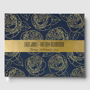 LUXE NAVY GOLD KRAFT ELEGANT ROSE FLORAL WEDDING GUEST BOOK