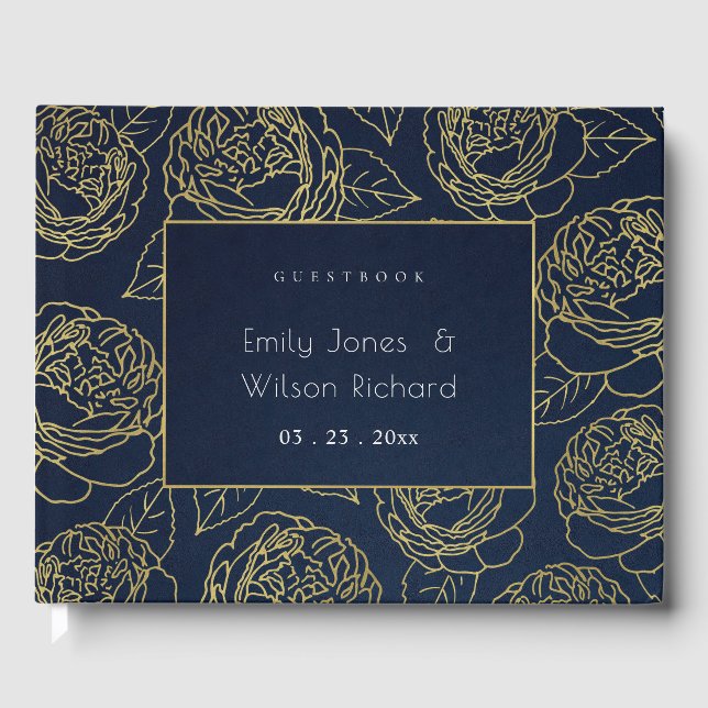 LUXE NAVY GOLD KRAFT ELEGANT ROSE FLORAL WEDDING GUEST BOOK (Front)