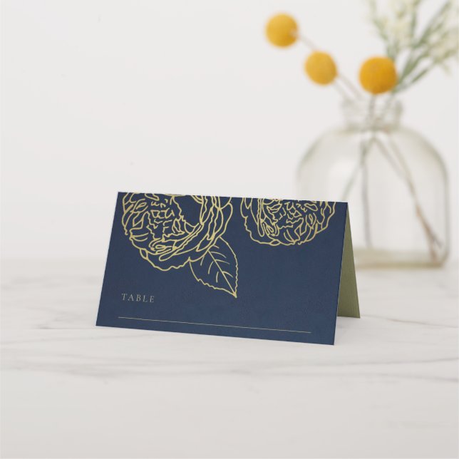 LUXE NAVY GOLD KRAFT ELEGANT ROSE FLORAL WEDDING PLACE CARD (Front)