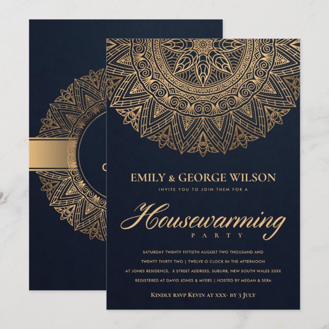 LUXE NAVY GOLD ORNATE MANDALA HOUSEWARMING PARTY INVITATION (Front/Back)