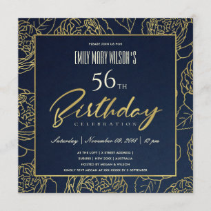 LUXE NAVY GOLD ROSE FLORAL ANY AGE BIRTHDAY INVITATION