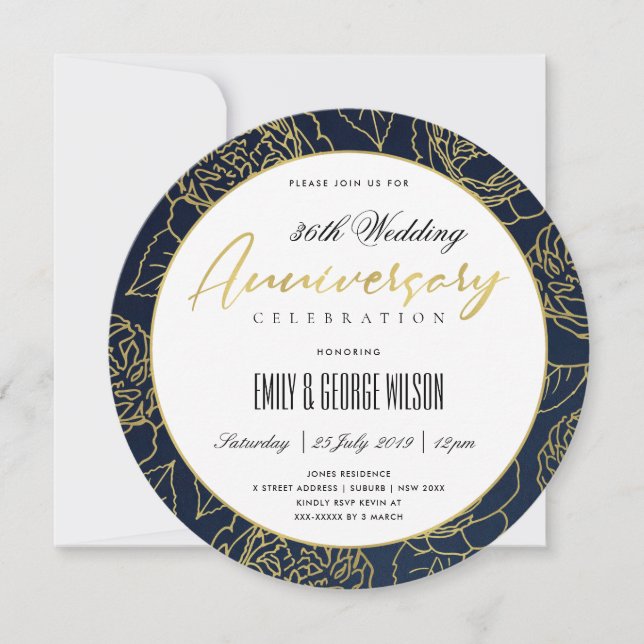 LUXE NAVY GOLD ROSE FLORAL ANY YEAR ANNIVERSARY INVITATION (Front)