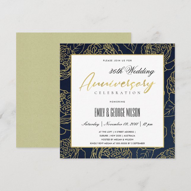 LUXE NAVY GOLD ROSE FLORAL ANY YEAR ANNIVERSARY INVITATION (Front/Back)