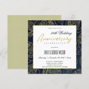 LUXE NAVY GOLD ROSE FLORAL ANY YEAR ANNIVERSARY INVITATION