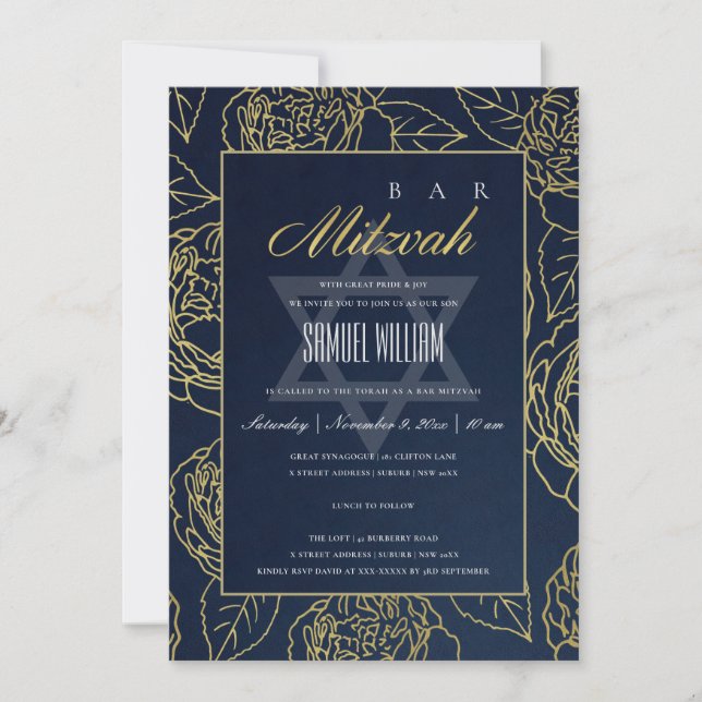 LUXE NAVY GOLD ROSE FLORAL BAT BAR MITZVAH INVITE (Front)