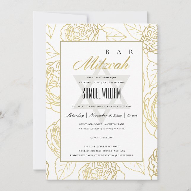 LUXE NAVY GOLD ROSE FLORAL BAT BAR MITZVAH INVITE (Front)