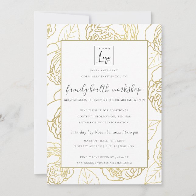 LUXE NAVY GOLD WHITE ROSE FLORAL WORKSHOP EVENT INVITATION (Front)