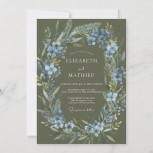 Luxe Olive Cornflower Wreath Wedding Invitation
