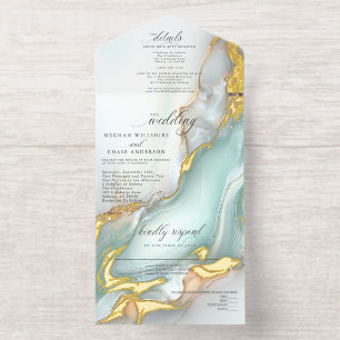 Luxe Opal Teal Gold Fluid Alcohol Ink All In One Invitation