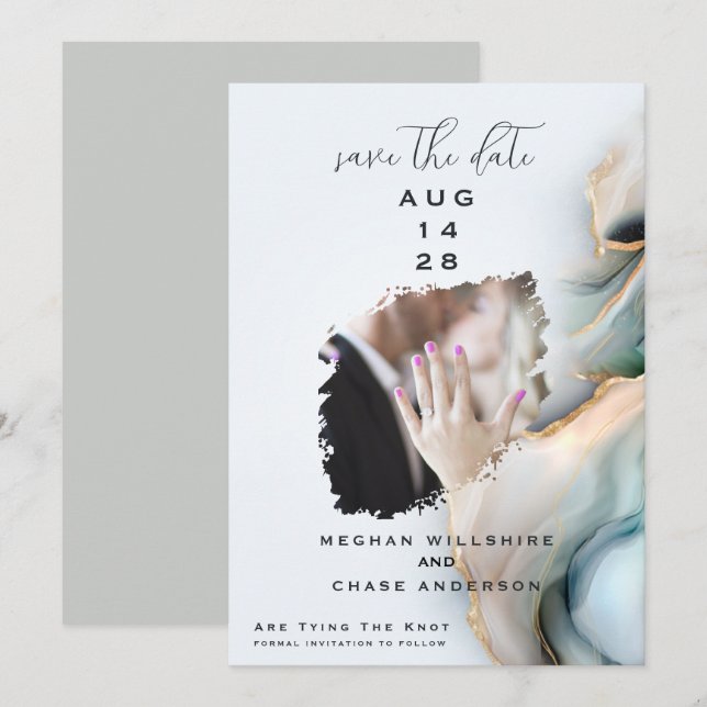 Luxe Opal Teal Gold Fluid Alcohol Ink Invitation (Front/Back)