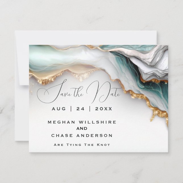 Luxe Opal Teal Gold Fluid Alcohol Ink Invitation (Front)