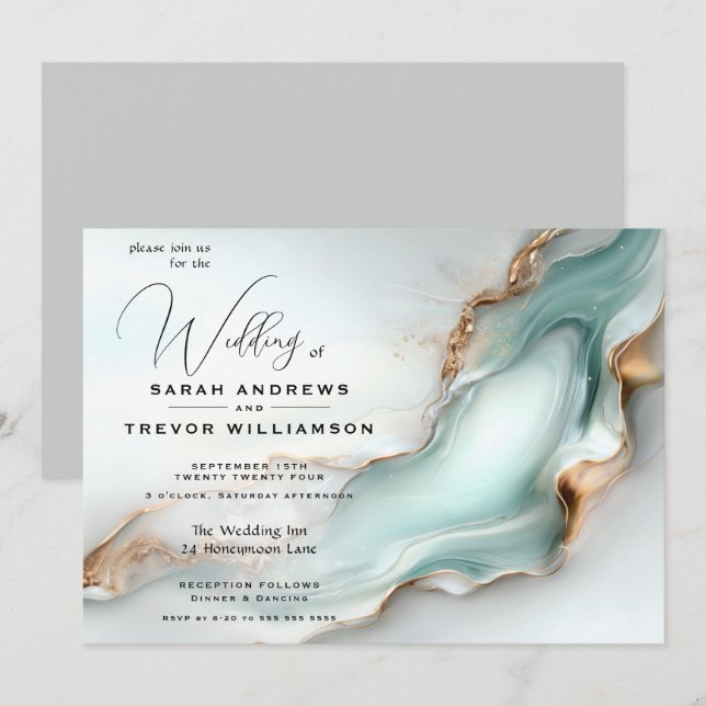 Luxe Opal Teal Gold Fluid Alcohol Ink Invitation (Front/Back)