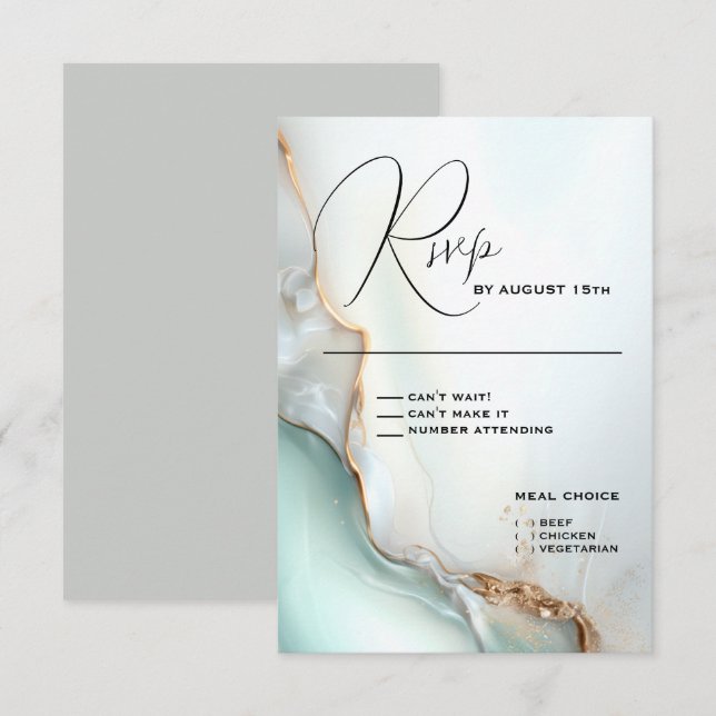 Luxe Opal Teal Gold Fluid Alcohol Ink RSVP Card (Front/Back)