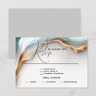 Luxe Opal Teal Gold Fluid Alcohol Ink RSVP Card