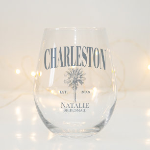 Luxe Palm Trees Charleston Coastal Bachelorette Stemless Wine Glass