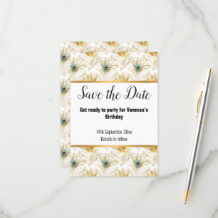 LUXE PEACOCK FEATHER GOLD SAVE THE DATE RSVP CARD