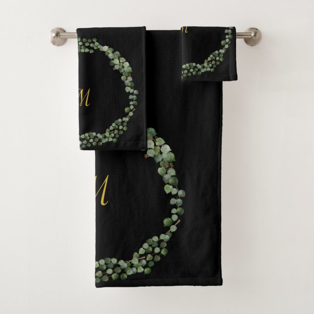 LUXE PERSONALISED EUCALYPTUS BLACK FULL WREATH BATH TOWEL SET (Insitu)