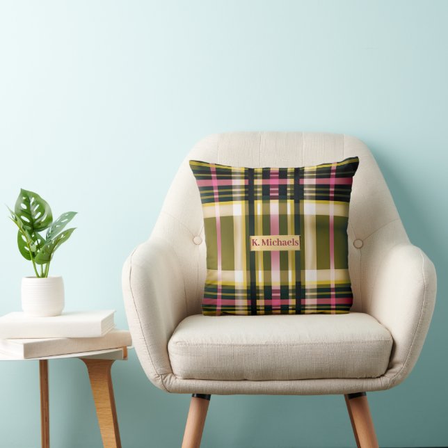 Luxe Personalised Olive Green, Gold & Pink Plaid Cushion (Chair)