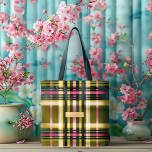 Luxe Personalised Olive Green, Gold & Pink Plaid Tote Bag