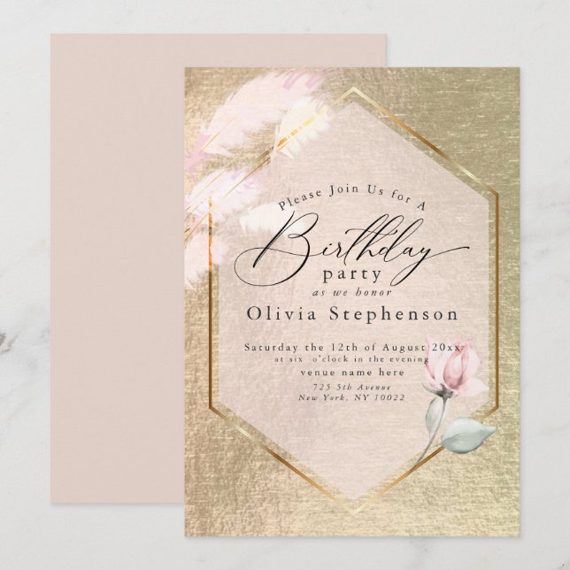 Luxe Pink Gold Floral Birthday Invitation (Front/Back)