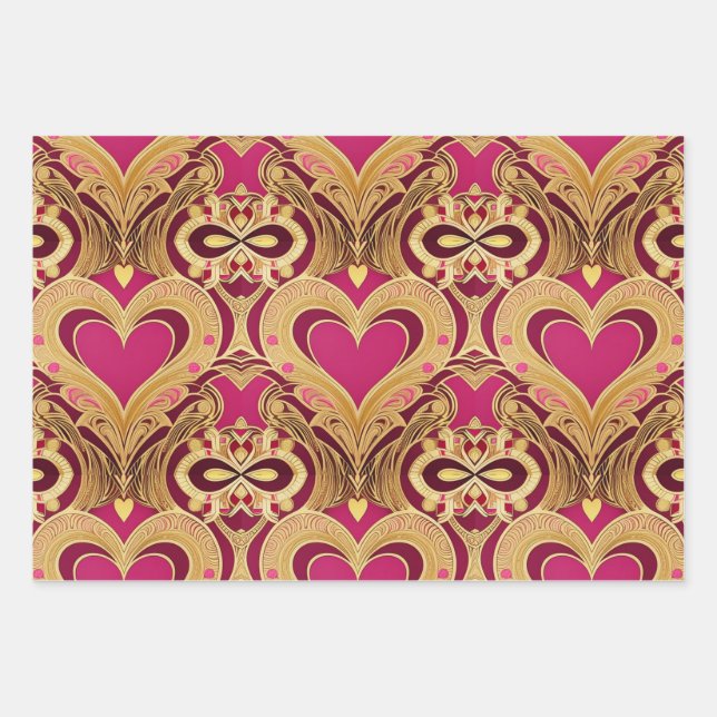 Luxe Pink Gold Hearts Valentine Wrapping Paper (Front)