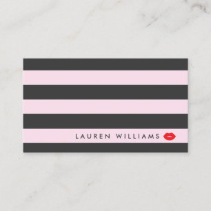 Luxe Pink/Grey Stripes Red Lips Makeup Artist Business Card