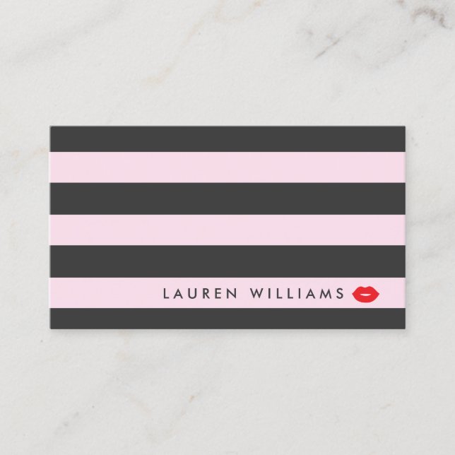 Luxe Pink/Grey Stripes Red Lips Makeup Artist Business Card (Front)