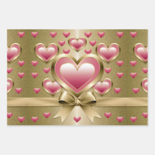 Luxe Pink Hearts Gold Glitter Ribbon Bow Wrapping  Paper Sheet