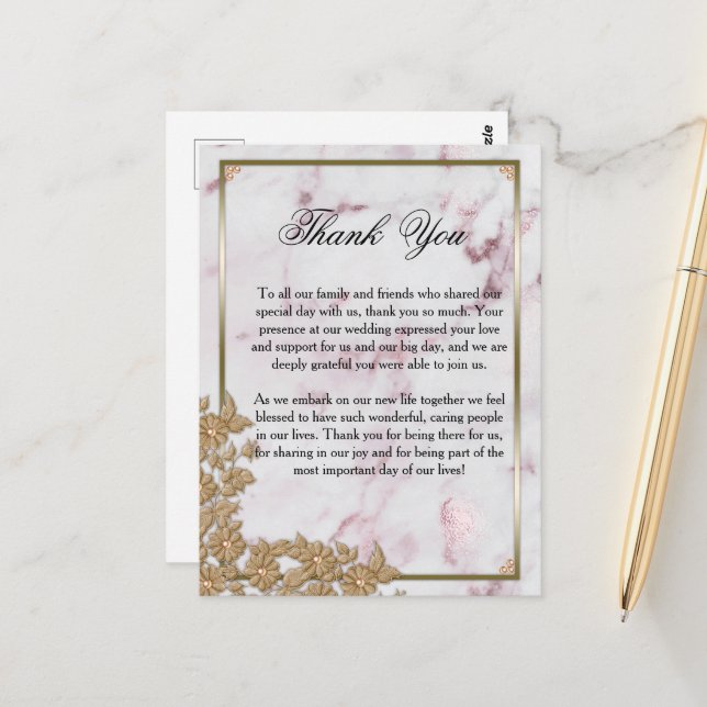Luxe Pink Marble and Pearls Wedding Thank You Postcard (Front/Back In Situ)