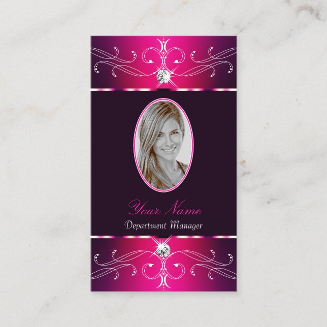 Luxe Pink Purple Burgund Ornate Ornaments Add Foto Business Card (Front)