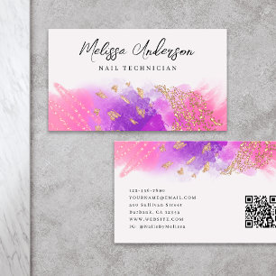 Luxe Pink Purple Gold Glitter QR Code Business Card