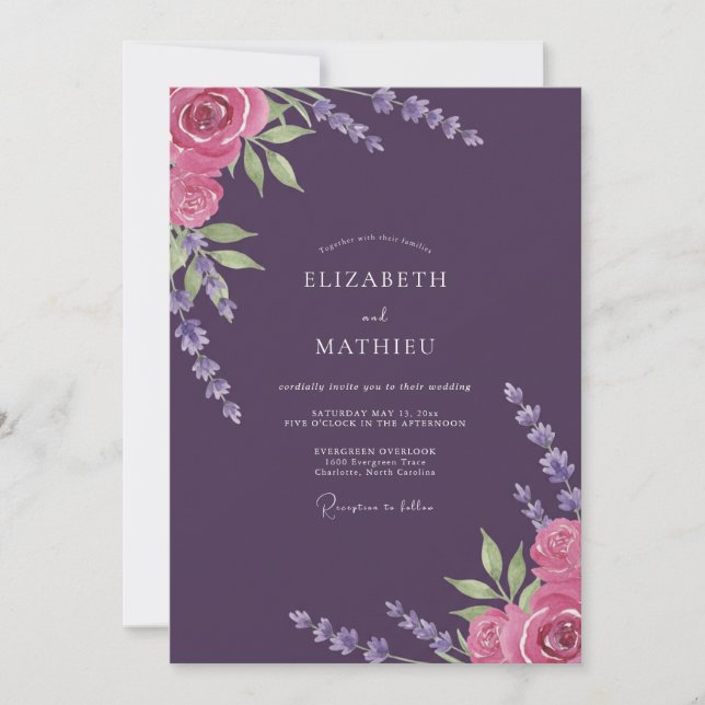 Luxe Plum Magenta Petal Wedding Invitation (Front)