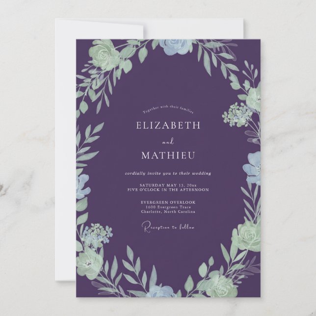 Luxe Plum Mint Leafy Wedding Invitation (Front)