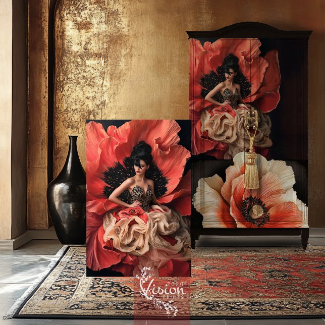 Luxe Poppy Plumes Portrait Bouffant Couture Tissue Paper (Red Coral, Luxe Poppy Blooms, Elegant bouffant couture, portrait art decoupage tissue paper. )