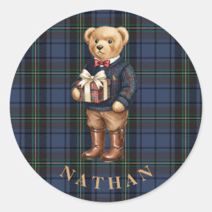 Luxe Preppy Plaid Christmas Teddy Bear Classic Round Sticker