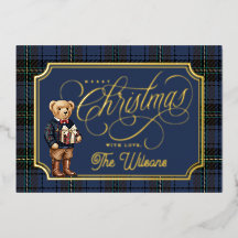 Luxe Preppy Plaid Christmas Teddy Bear Photo Card