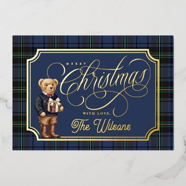 Luxe Preppy Plaid Christmas Teddy Bear Photo Card (Front)