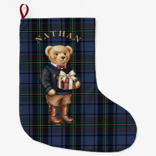 Luxe Preppy Plaid Christmas Teddy Bear Photo Card Large Christmas Stocking
