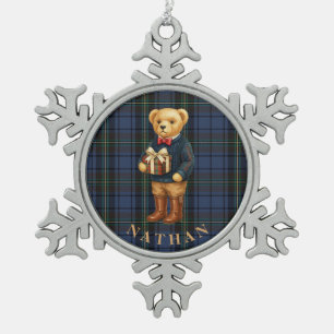 Luxe Preppy Plaid Christmas Teddy Bear Photo Card Snowflake Pewter Christmas Ornament