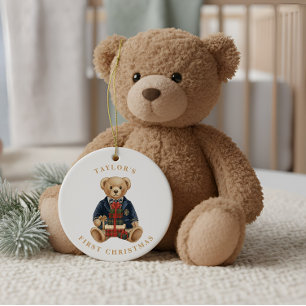 Luxe Preppy Plaid Teddy Bear   1st Christmas Ceramic Tree Decoration